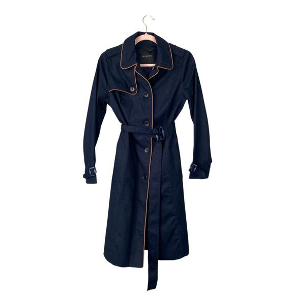 TALBOTS Piped Trench Coat Navy Blue Brown Size XS Preppy Classy Chic All Weather - Picture 3 of 9